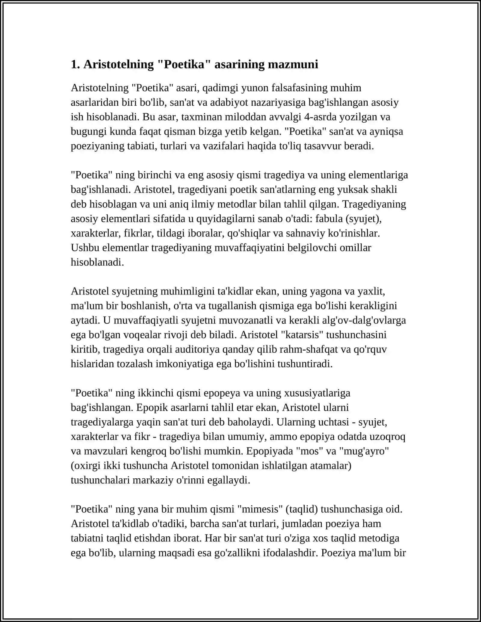 ARISTOTELNING " POETIKA' ASARINI OʻQIB OʻRGANISH FOROBIYNING 'SHʼER SANʼATI' ASARINI OʻQIB OʻRGANISH ALISHER NAVOIYNING 'MAJOLIS UN NAFOIS ' ASARINI OʻQIB OʻRGANISH 3
