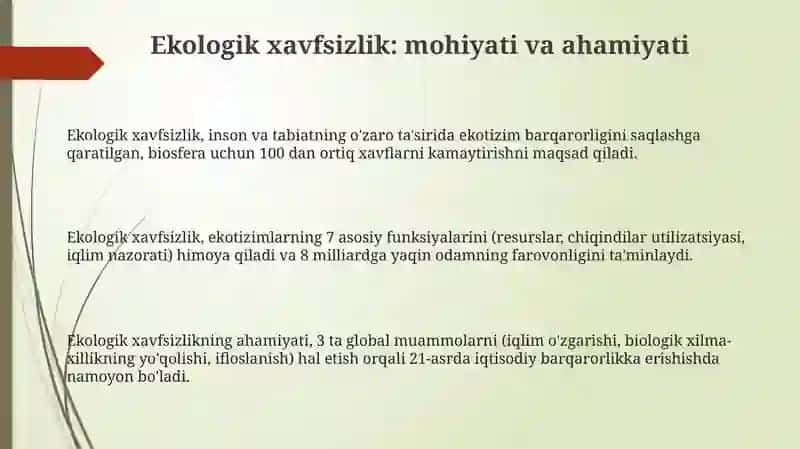Ekologik xavfsizlikni ta'minlash rivojlanishning muhim omili iqtisodiy 3