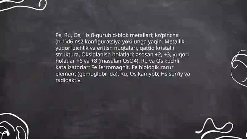 8-guruh elementlari. Temir, uning birikmalari va xossalari. 3