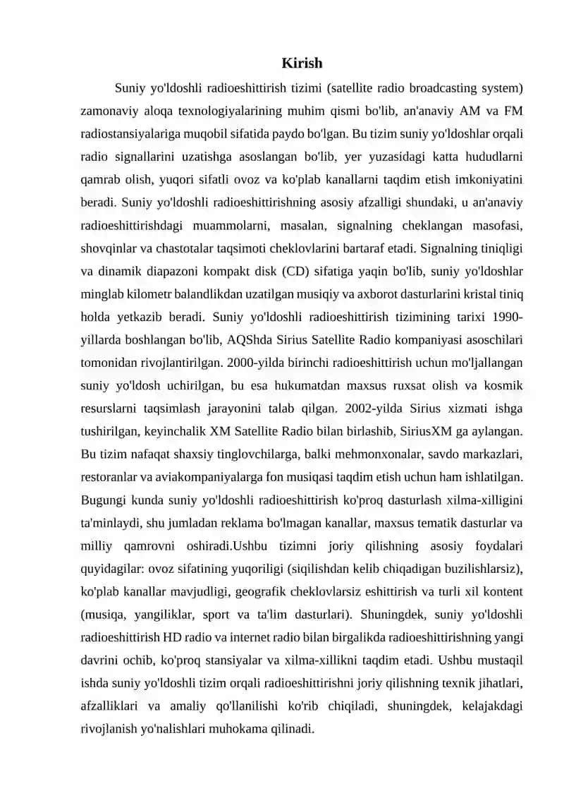Sun’iy yo’ldoshli tizimi orqali radioeshittirish tizimini joriy qilish  mustaqil ish 3