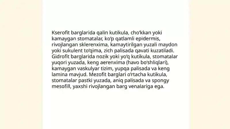 Turli yashash muhitidagi (kserofit, gidrofit, mezofit ) barglarning tuzilishini solishtirish 3