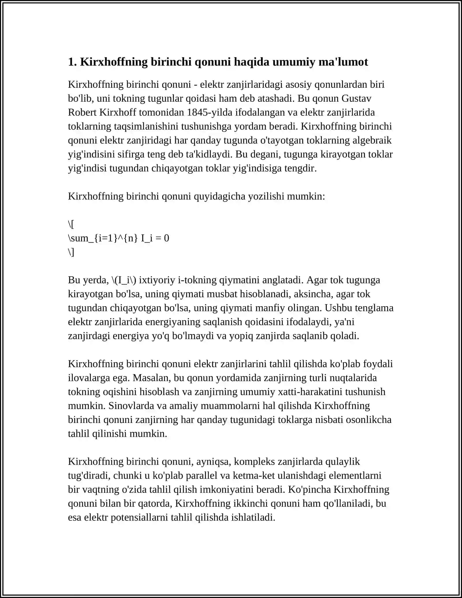 ELEKTR SXEMALARI KRIXGOF QONUNLARI ASOSIDA HISOBLASH. ELEKTR SXEMALARNI KRIXGOFNING 1- QONUNLARI ASOSIDA HISOBLASH 3