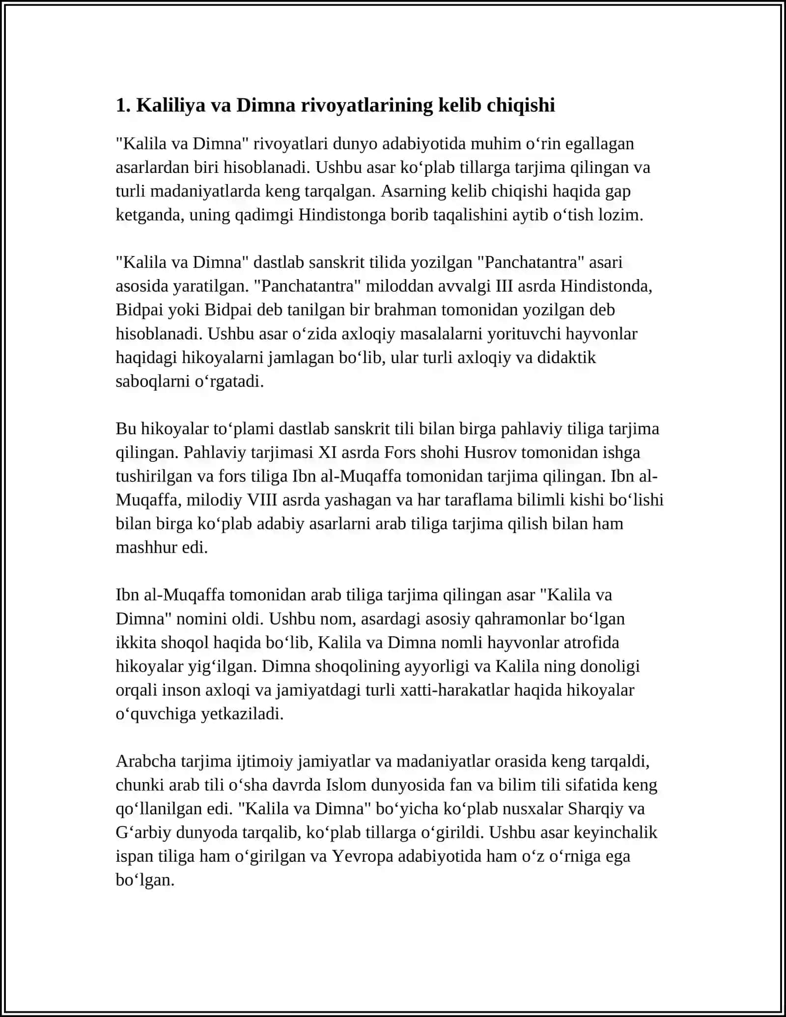Kaliliya va Dimna rivoyatlarining yoshlar tarbiyasiga ta'siri rejasi xulosa 3
