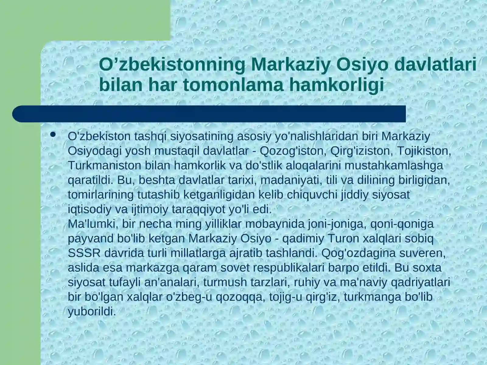 O‘zbekiston mintaqasida tinchlik va barqarorlikni taminlash borasida olib borgan siyosati 3