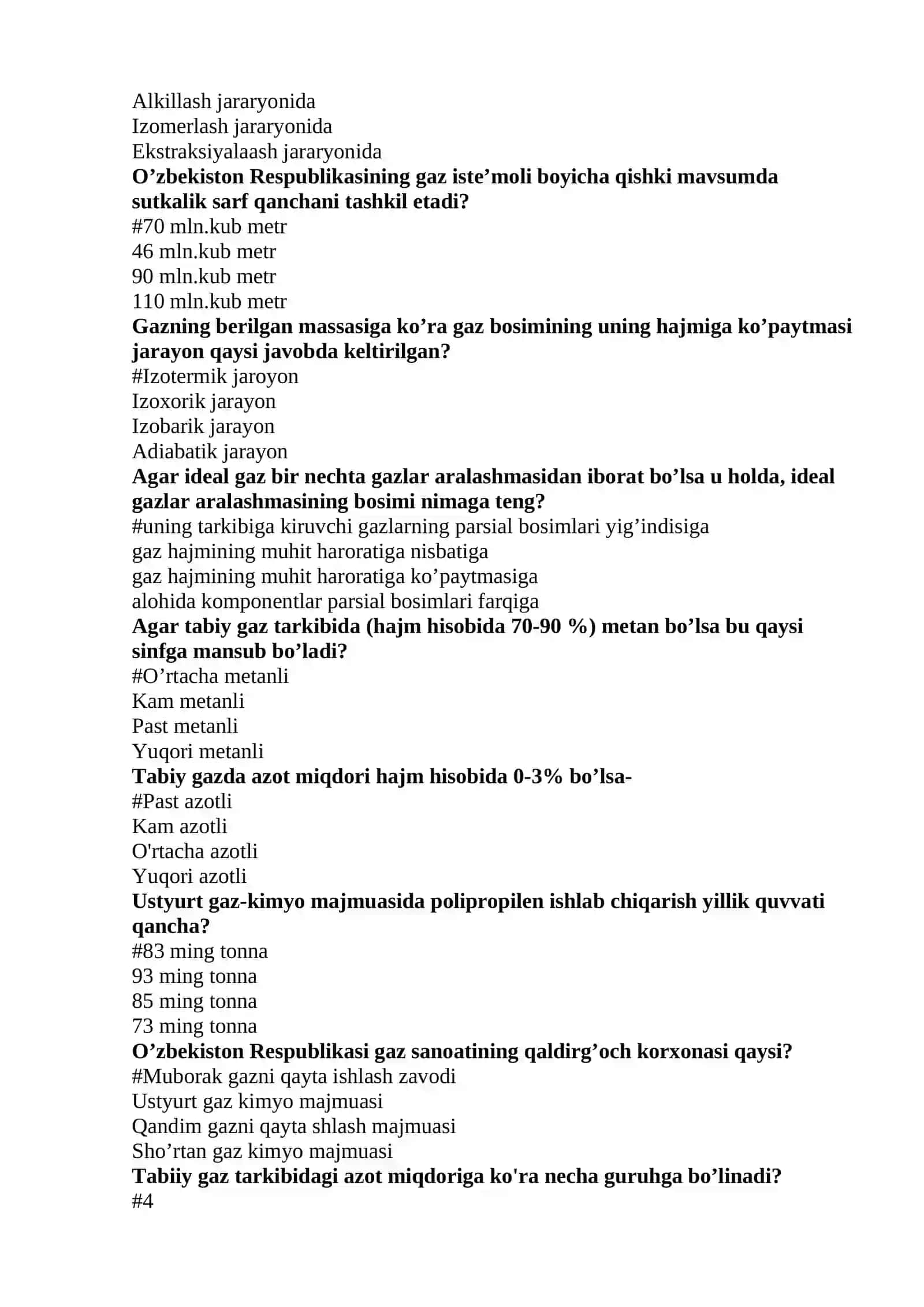 GAZNI QAYTA ISHLASH KIMYOSI  VA TEXNOLOGIYASI fanidan yakuniy testlar 3