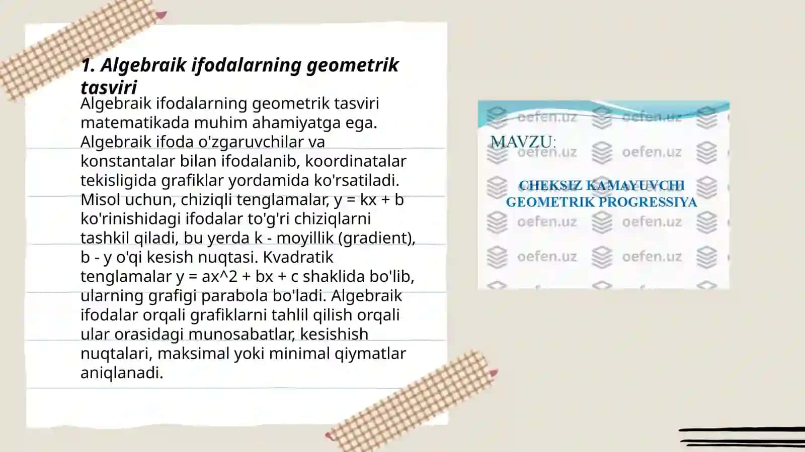 Algebraik ifodalarning geometrik ifodalanishi. Kvadrat tenlamaning ildizlarini yasash. Geometrik masalarni algebraik usulda yechish 3