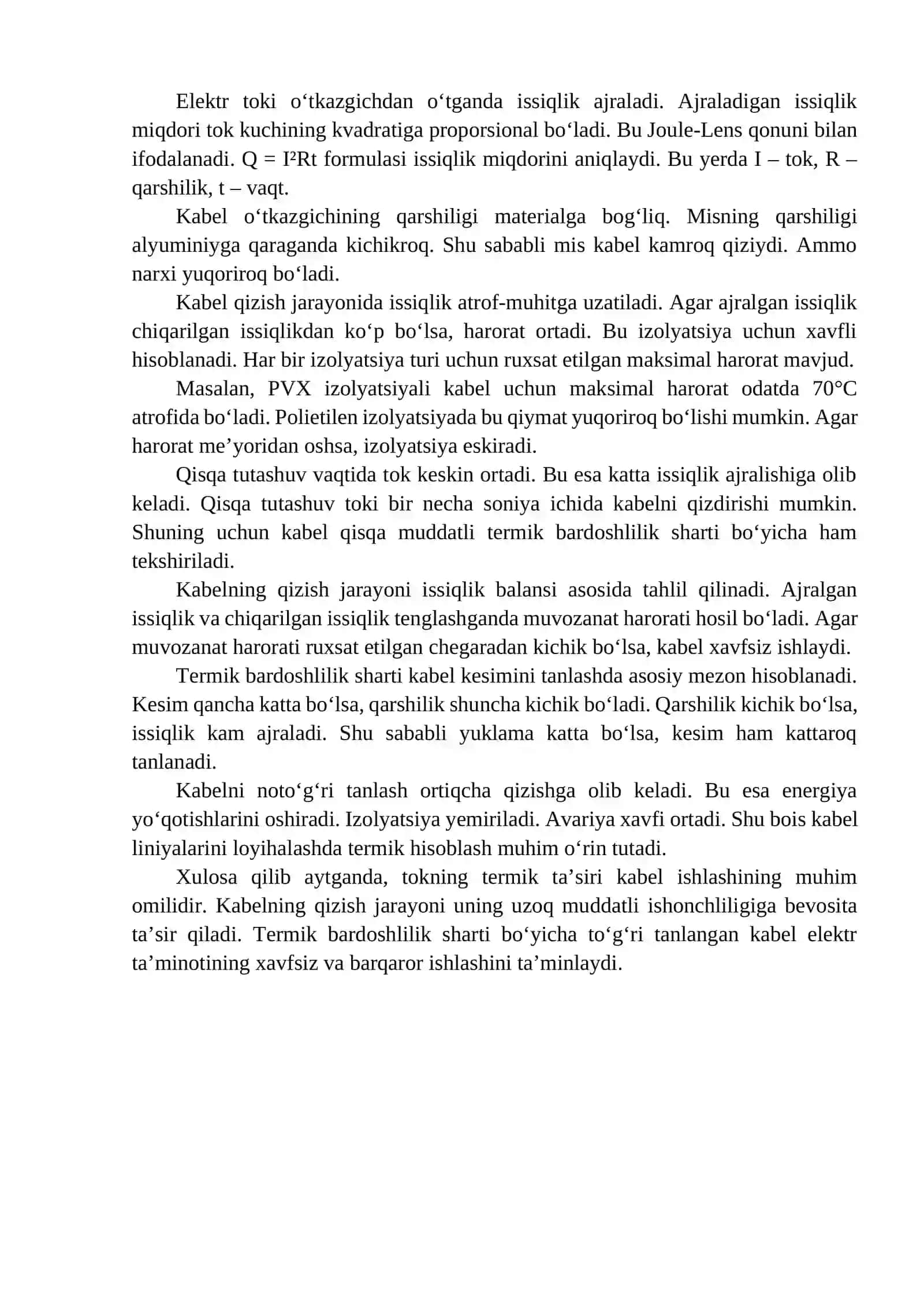 Kabel liniyalarini tokning termik bardoshlilik sharti bo‘yicha tanlash 3