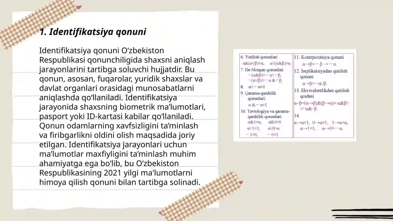 Mantiq algebrasining asosiy aksioma qonunlari 3
