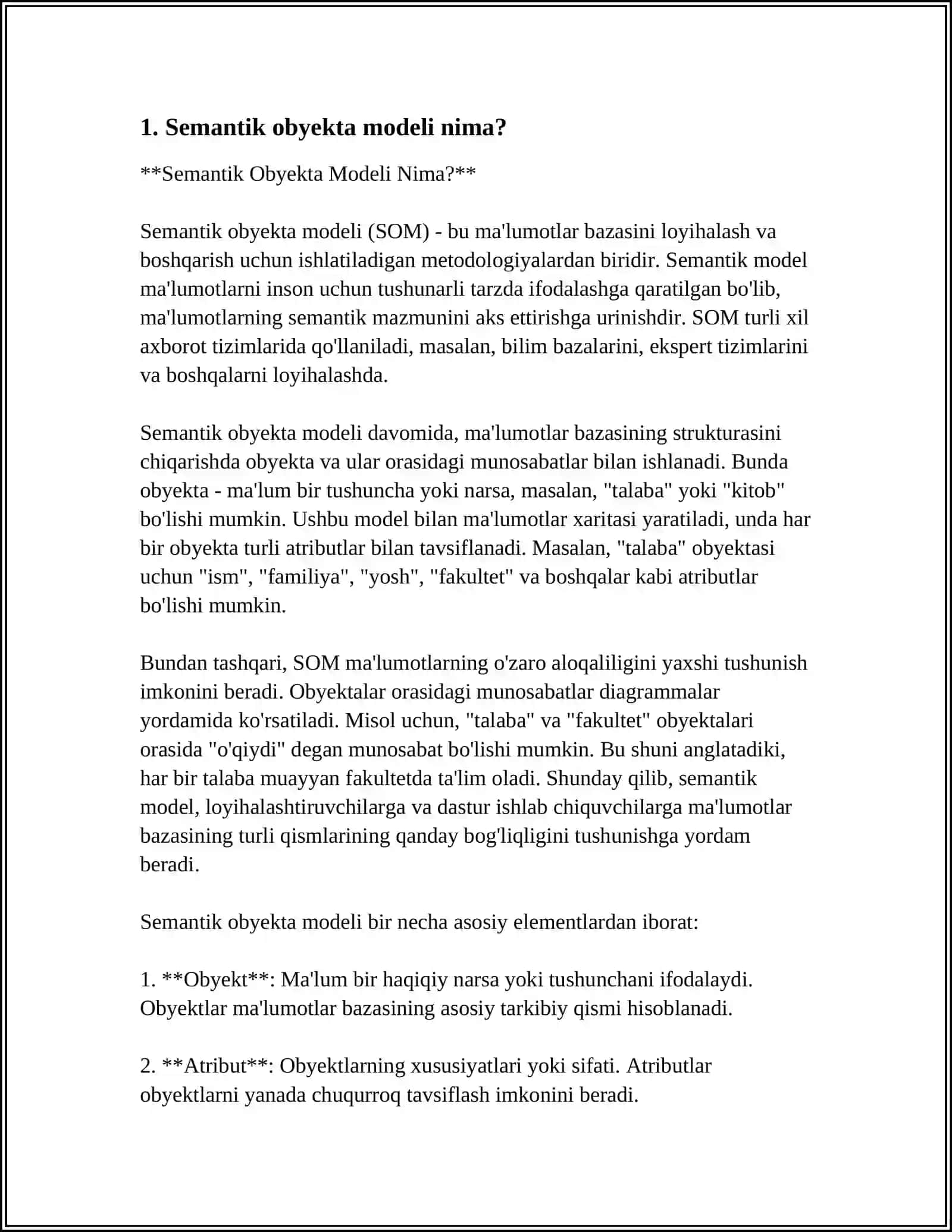 MUSTAQIL ISH Mavzu: SEMANTIK OBYEKT MODEL 3
