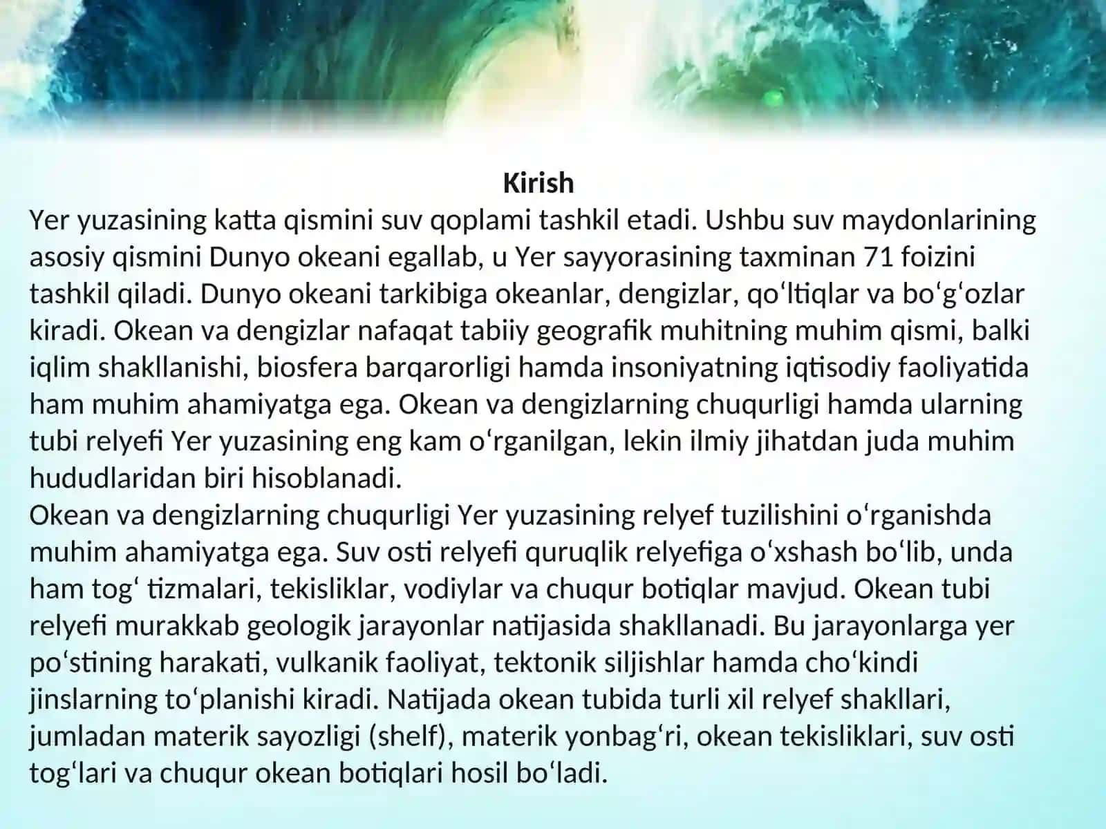 Okean va dengizlarning chuqurligi. Okean tubi relyefi 3
