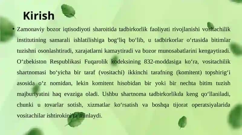 Tadbirkorlik faoliyati va malga oshirish davositachilik shartnomasini qo‘llash muammolari 3