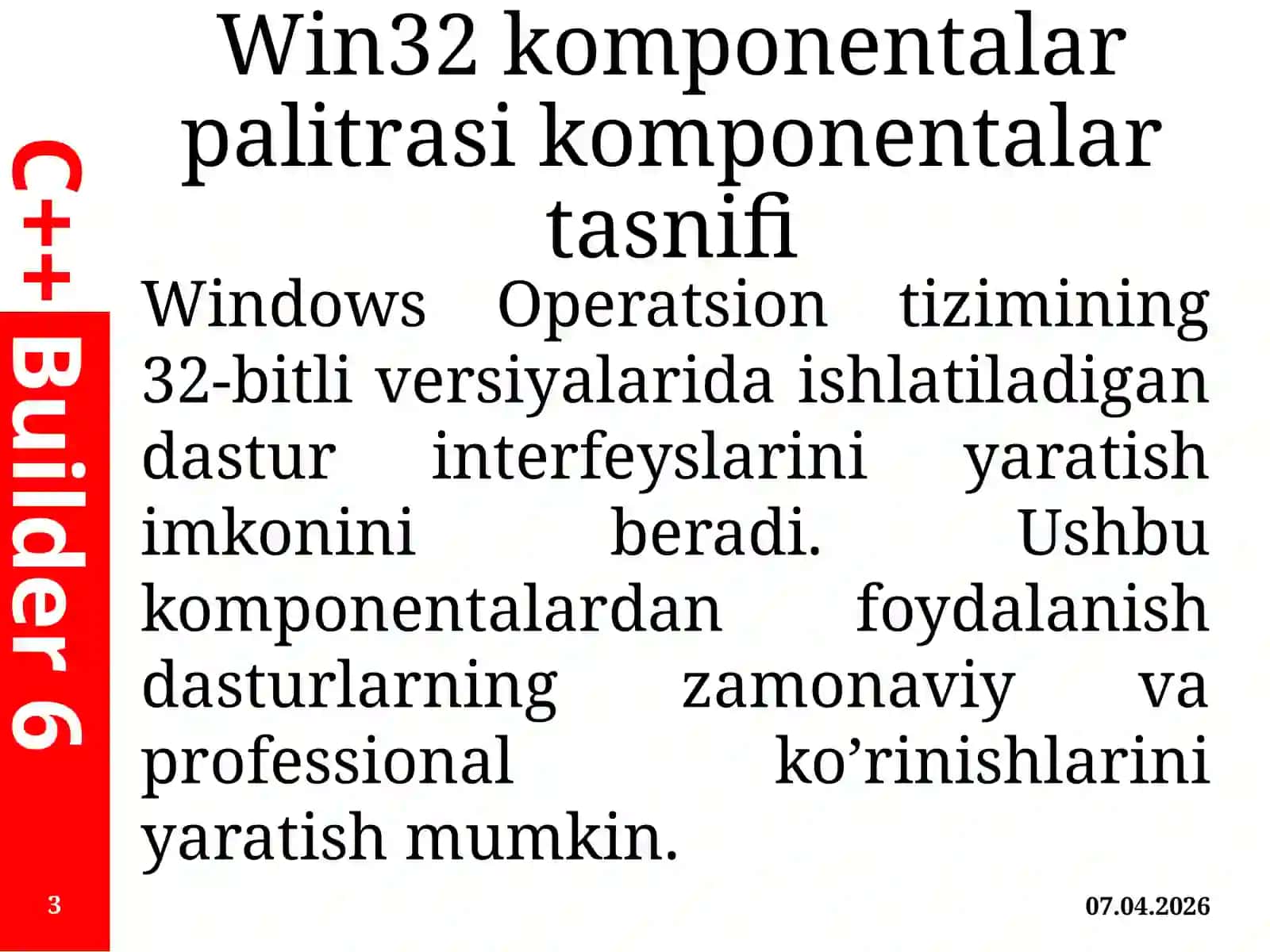 C++ Builder vizual dasturlash muhitida komponentalar bilan ishlash texnologiyalari 3