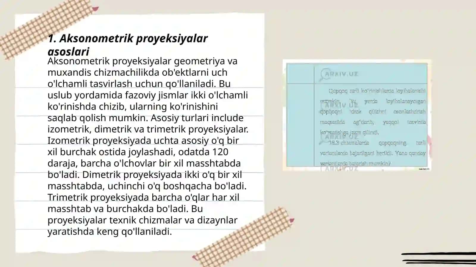 Aksonmetrik proyeksiyalar chizish usullari oʻzDST 2.305.-97 aylanmaning izometrik proyeksiyasi 3
