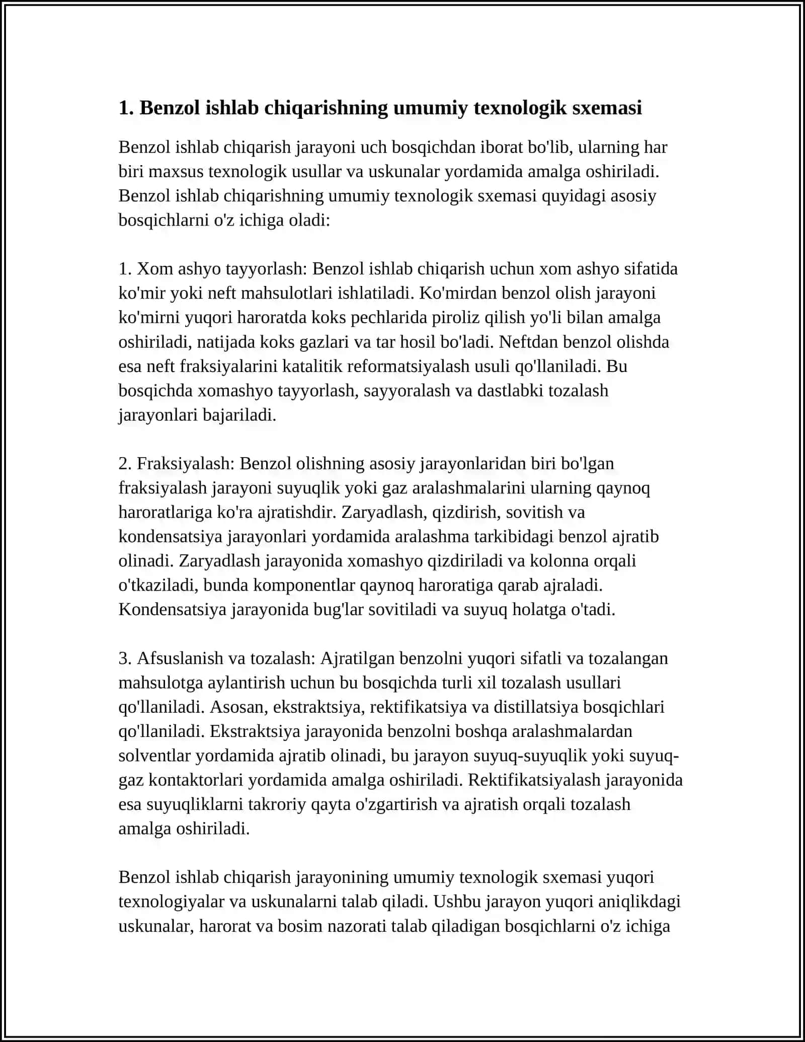 BENZOL ISHLAB CHIQARISH JARAYONINING TEXNOLOGIK SXEMASI 3