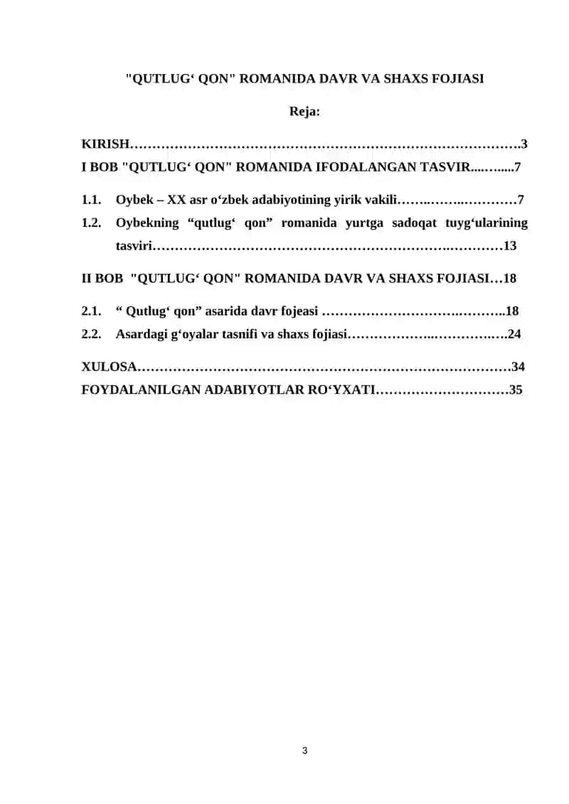 “Qutlugʻ qon" romanida davr va shaxs fojiasi” mavzusidagi KURS ISHI 3