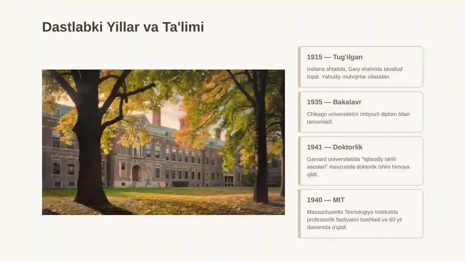 Paul Samuelson: Nobel Mukofoti va Iqtisodiyotga Ta'siri (Tayyor Mustaqil Ta'lim / PPTX + Nutq matni va Javoblar) 3