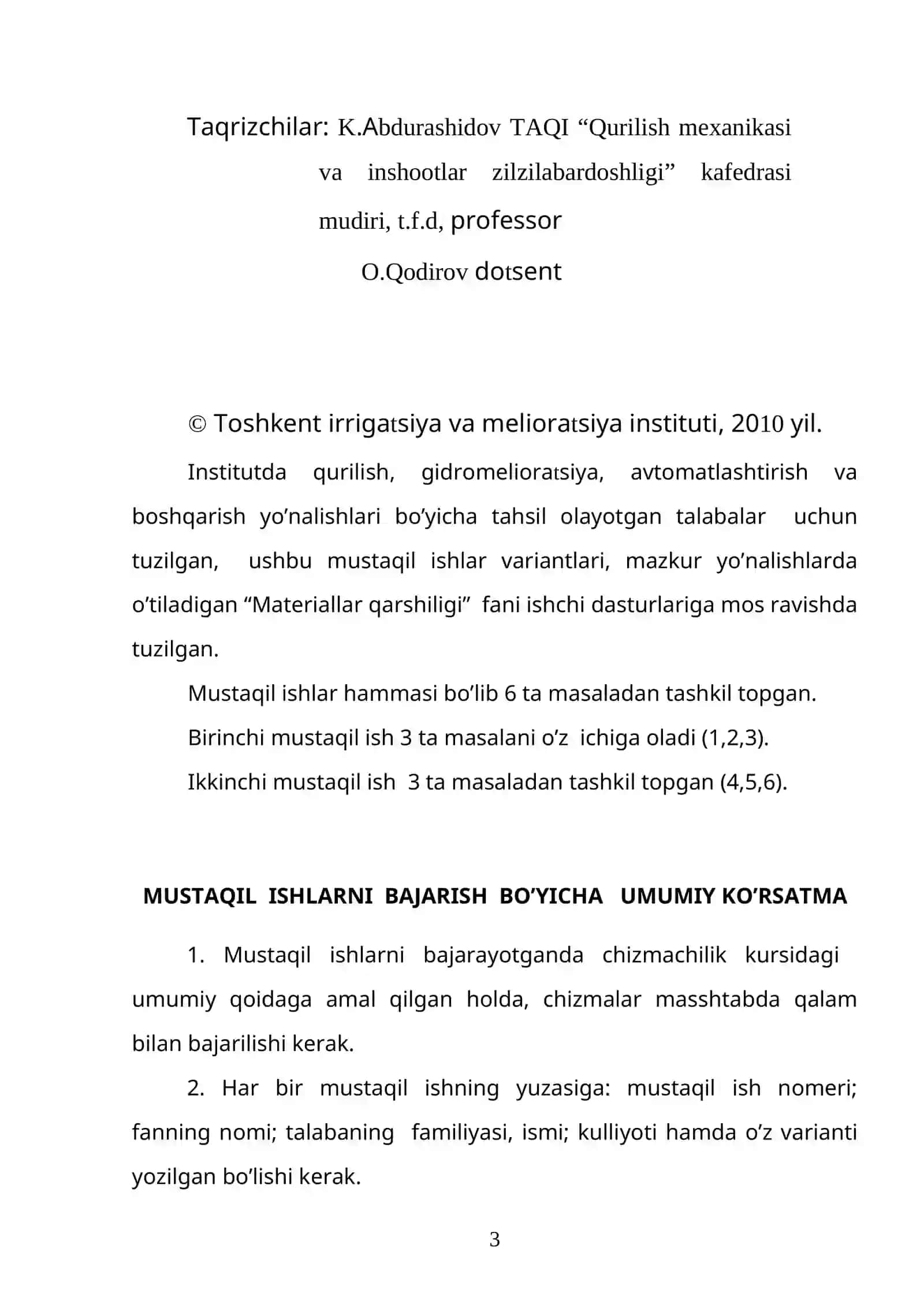 “MАTЕRIАLLАR QАRSHILIGI” fаnidаn mustаqil tоpshiriqlаrni bаjаrish bo’yichа 3