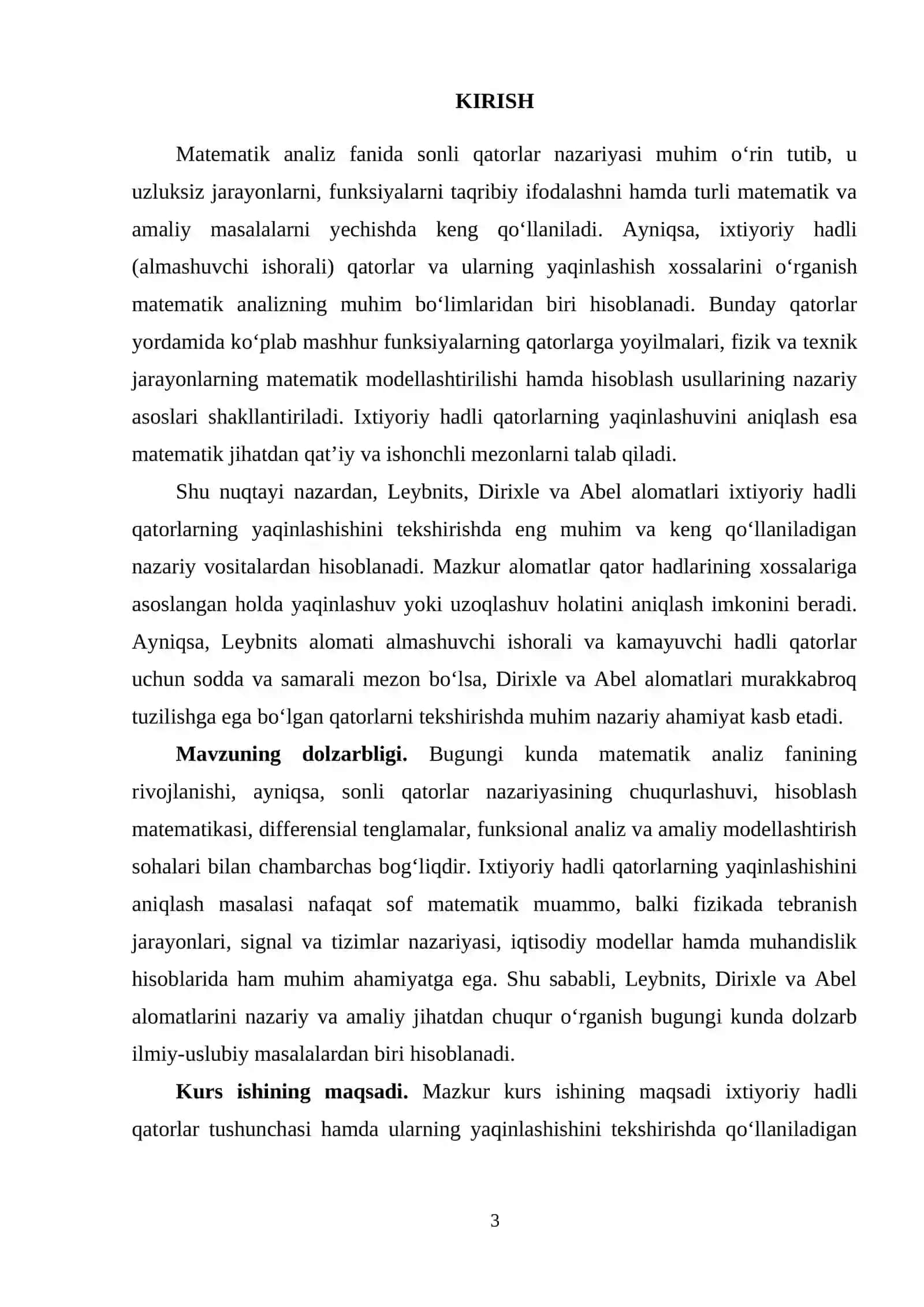 Ixtiyoriy hadli qatorlar va ular yaqinlashishining Leybnits, Dirihle va Abel alomatlariga misollar 3