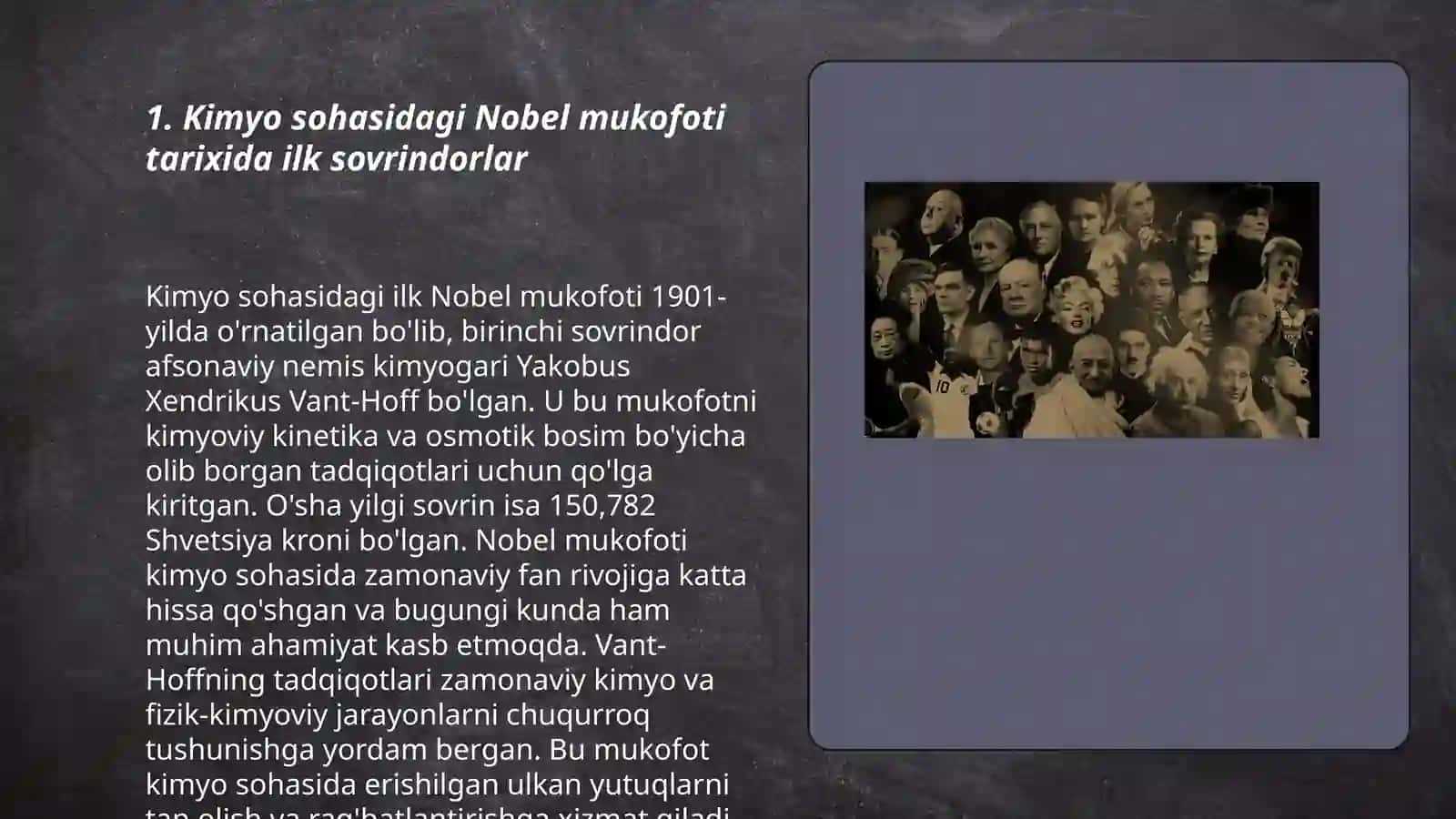 Kimyo sohasida Nobel mukofoti sovrindorlari va yutuqlari 3