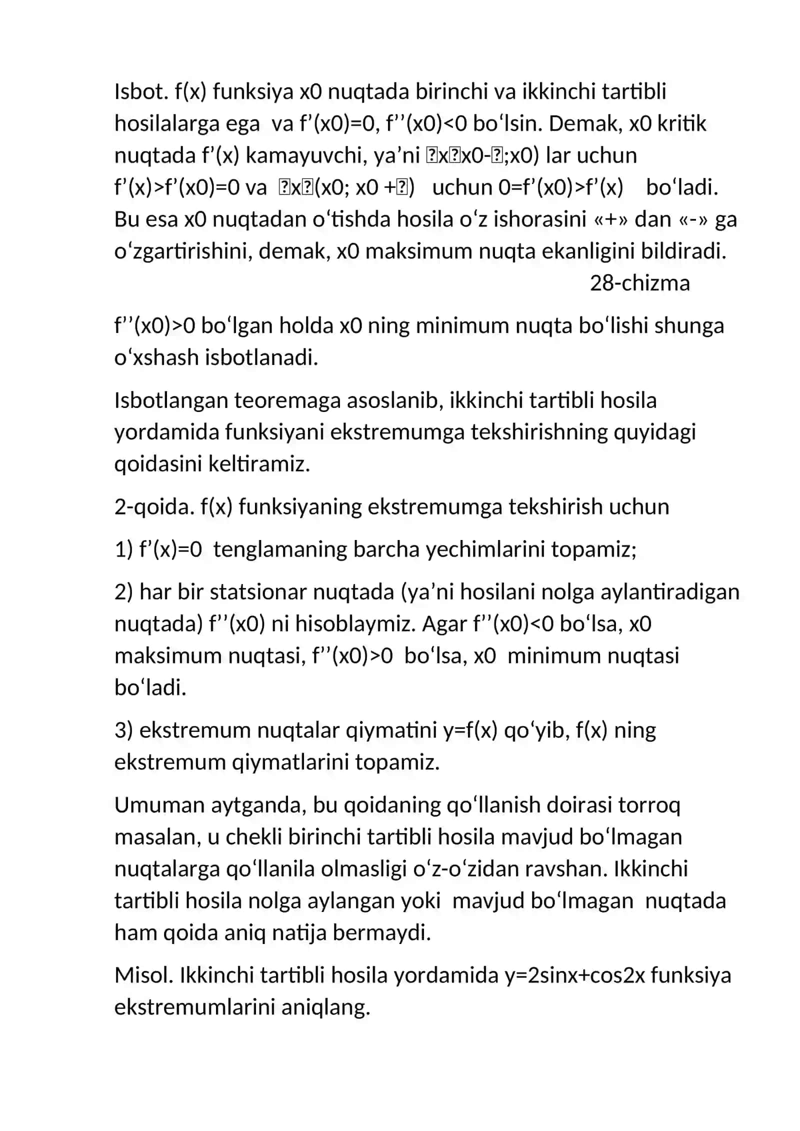Yuqori tartibli hosila yordamida funktsiyalarni ekstremumga tekshirish 3
