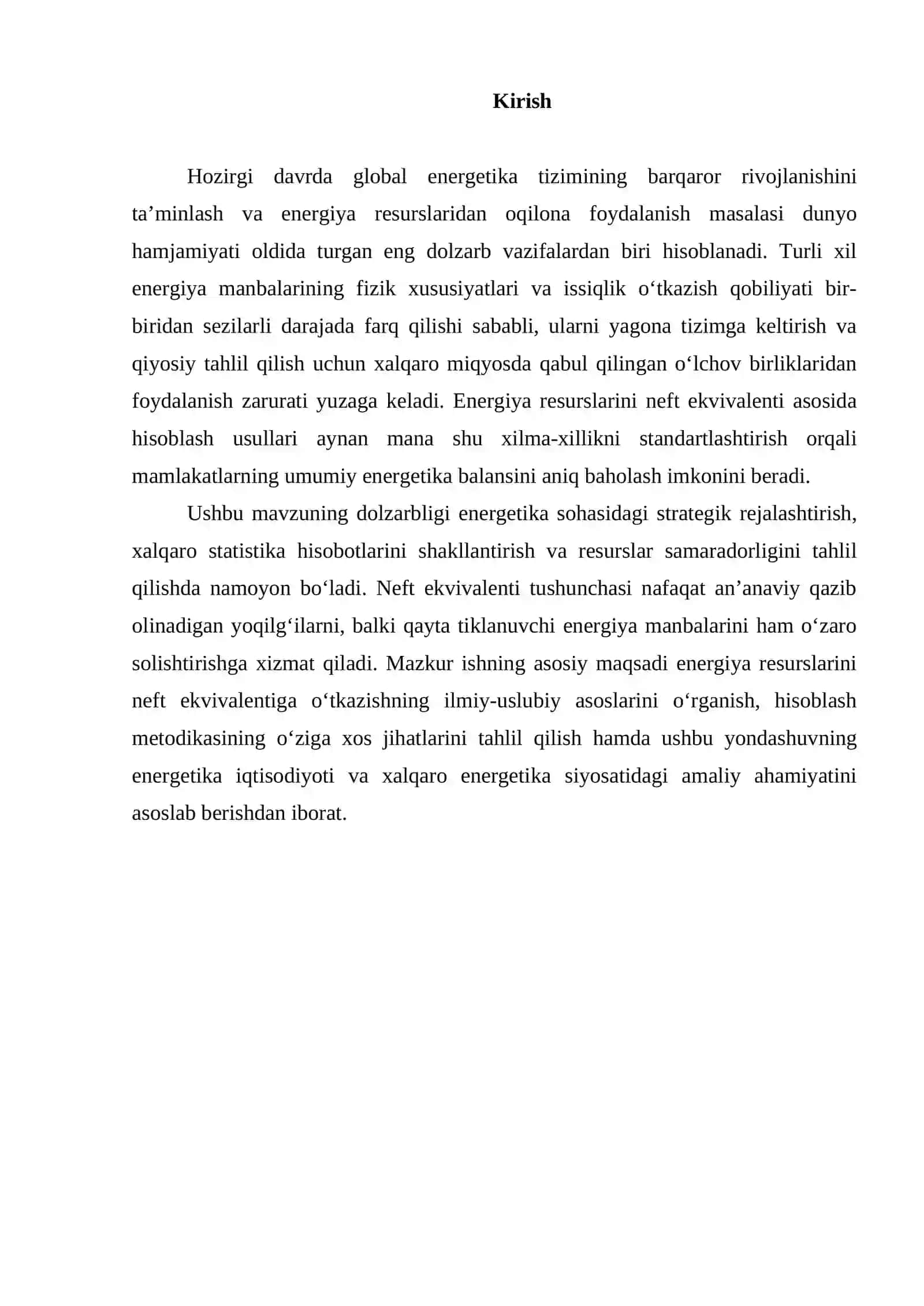 Energiya resurslarini neft ekvivalenti asosida hisoblash usullari va ularning amaliy ahamiyati nimada 3