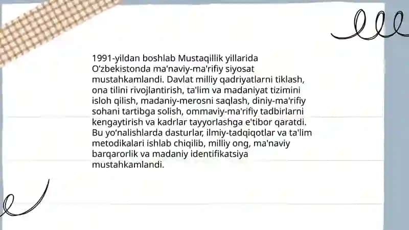 Mustaqillik yillarida Oʻzbekistonda ma'naviy-ma'rifiy siyosatning takomili 3
