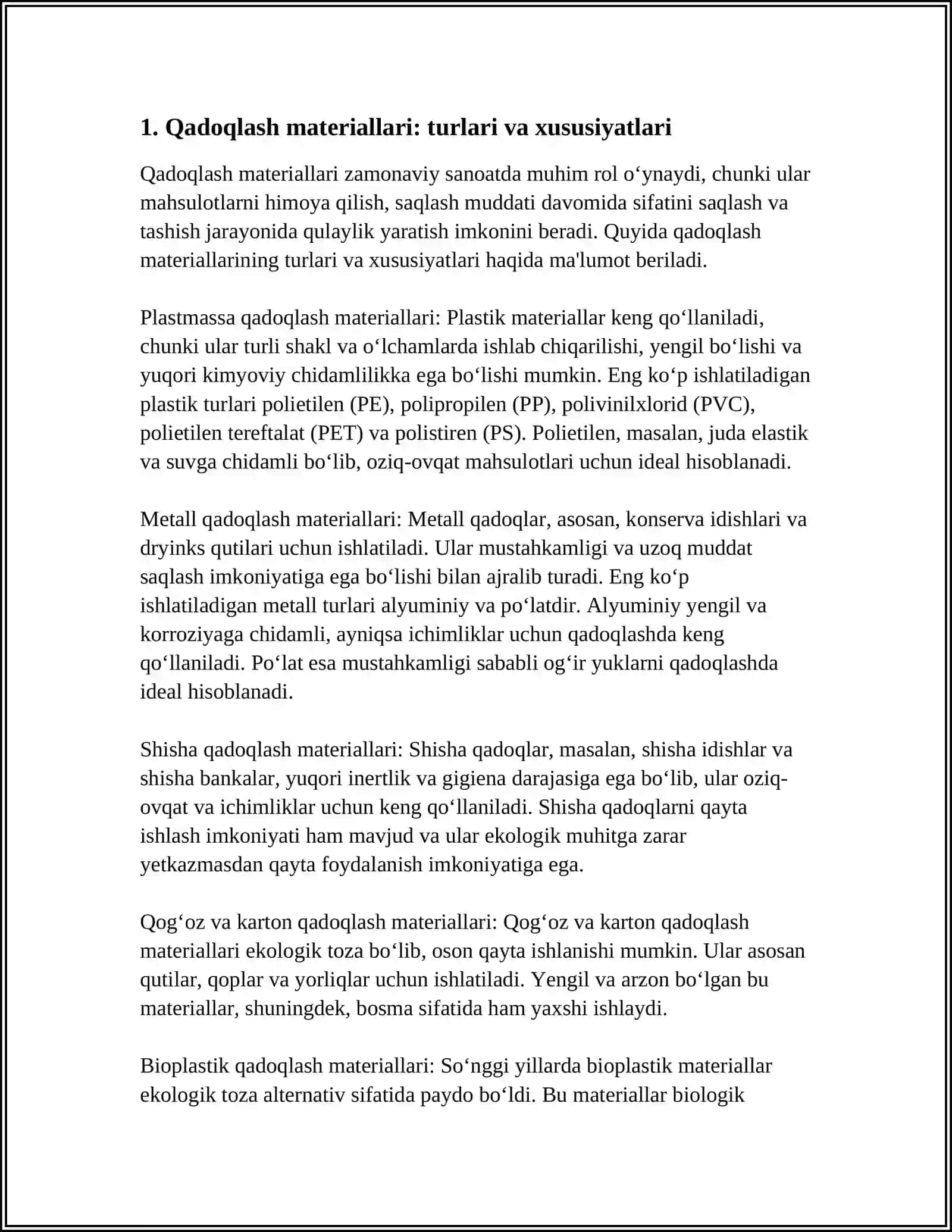 QADOQLASH PAKETLARI VA QUTILAR,QOʻLLANILISH SOHALARI 3