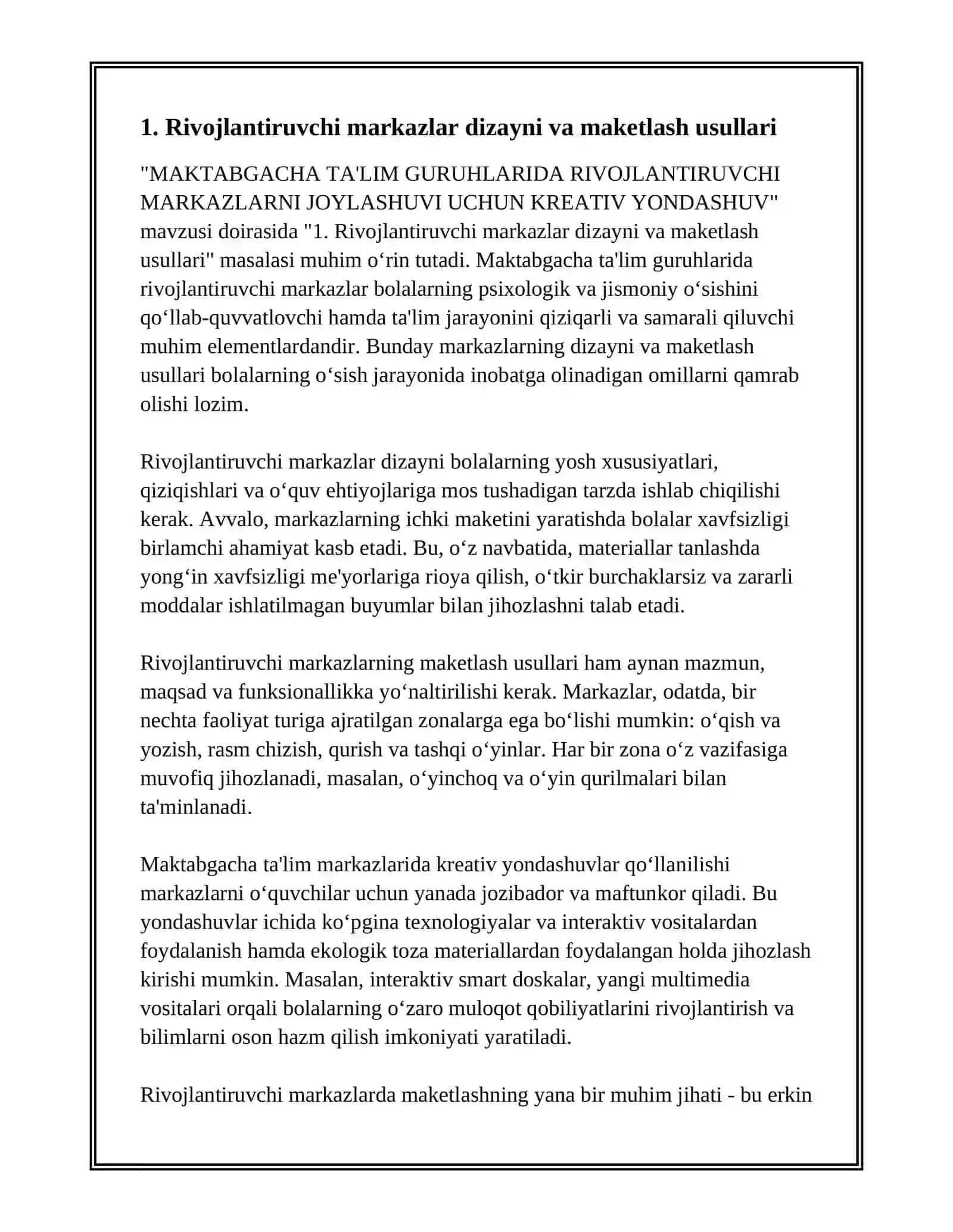 MAKTABGACHA TA'LIM GURUHLARIDA RIVOJLANTIRUVCHI MARKAZLARNI JOYLASHUVI UCHUN KREATIV YONDASHUV 3