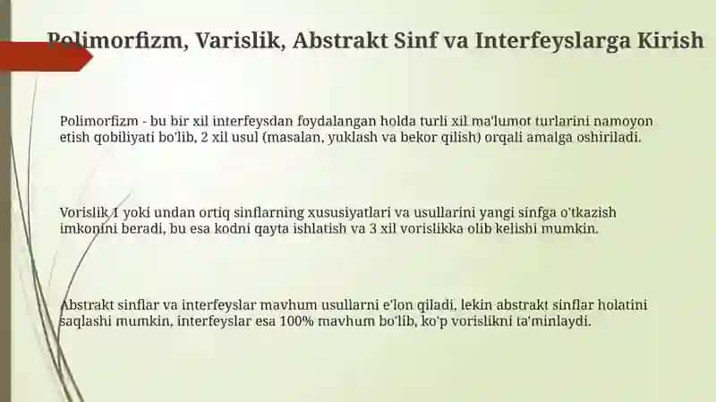 Polimorfizm, Voriyslik, Abstrakt Sinflar va Interfeyslar 3