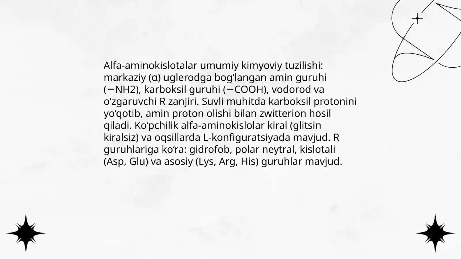 Alfa-aminokislotalar organizmdagi oqsillar tarkibiy qismi 3