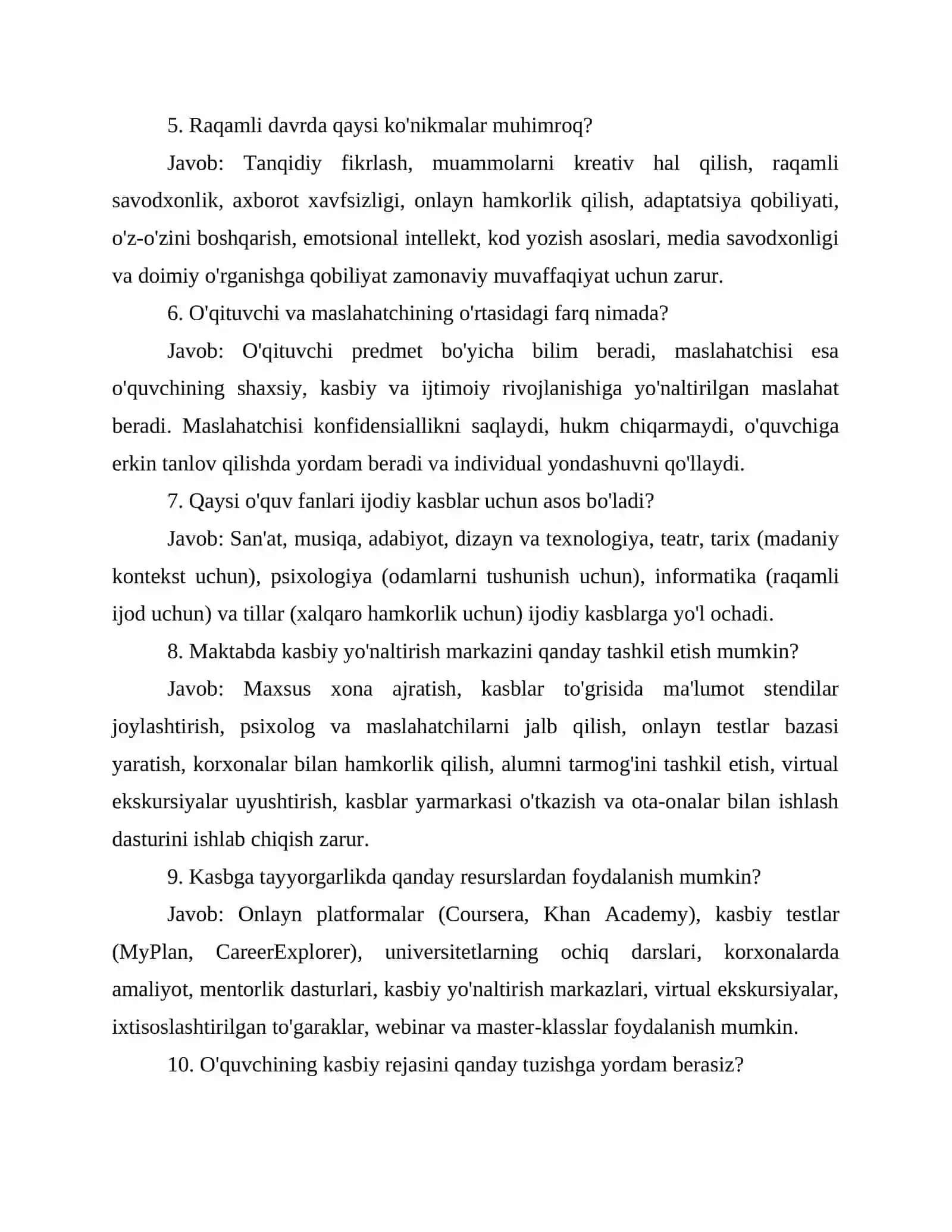 Maktab maslahatchisi lavozimi uchun imtihon savollari va javoblari. 2026 3