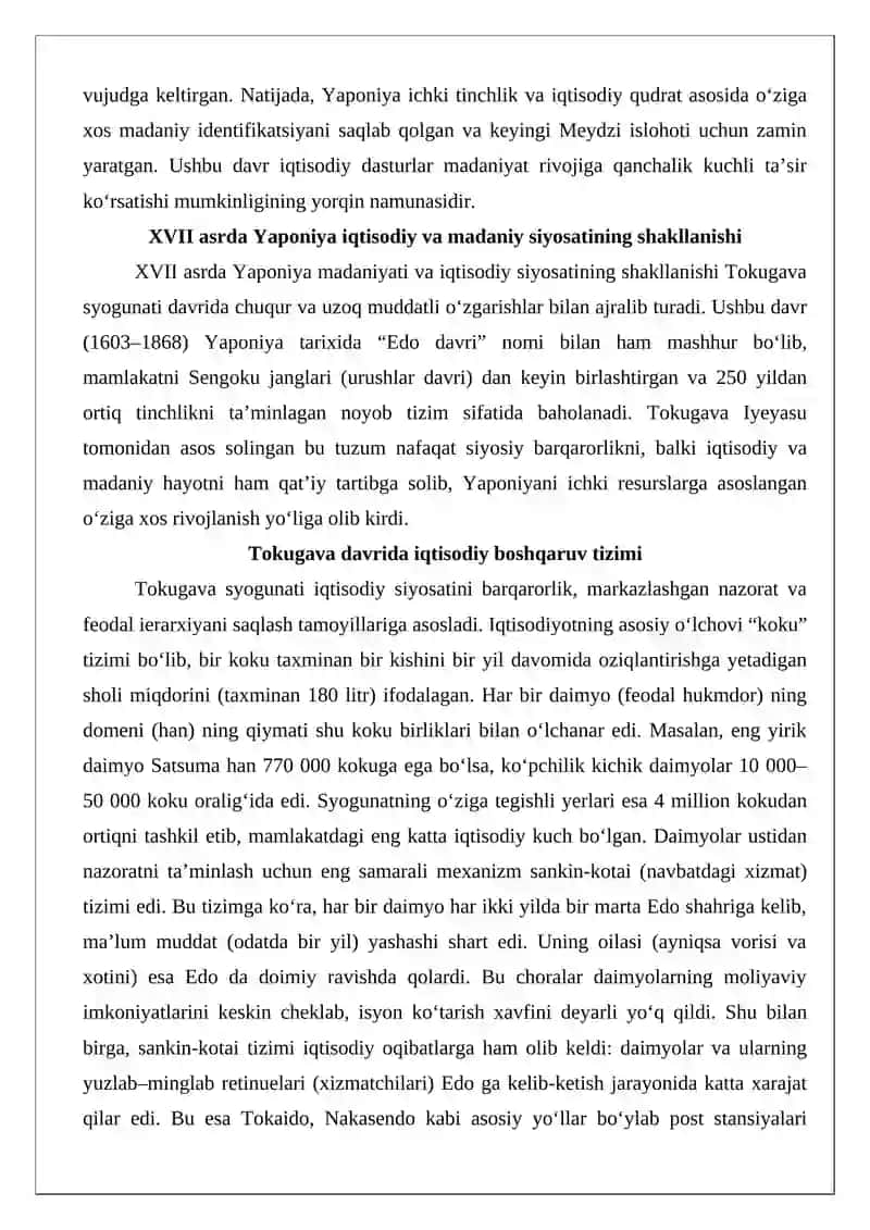 XVII–XIX asrlarda Yaponiya madaniyati” iqtisodiy dasturlari 3