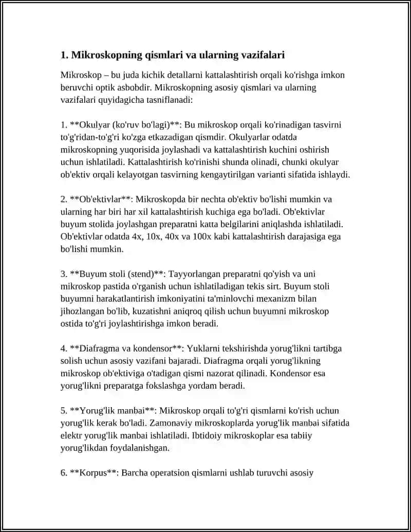 MIKROSKOP BILAN ISHLASH QOIDASI VAQTINCHALIK PREPARATLAR TAYYORLASH 3