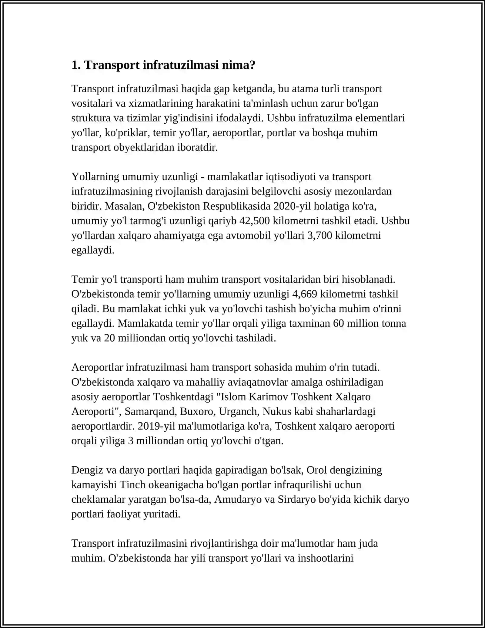 TRANSPORT INFRATUZILMASI BILAN BOG'LIQ ASOSIY TUSHUNCHALAR. TIZIMNI RIVOJLANTIRISHDAGI ASOSIY MUAMMOLAR 3