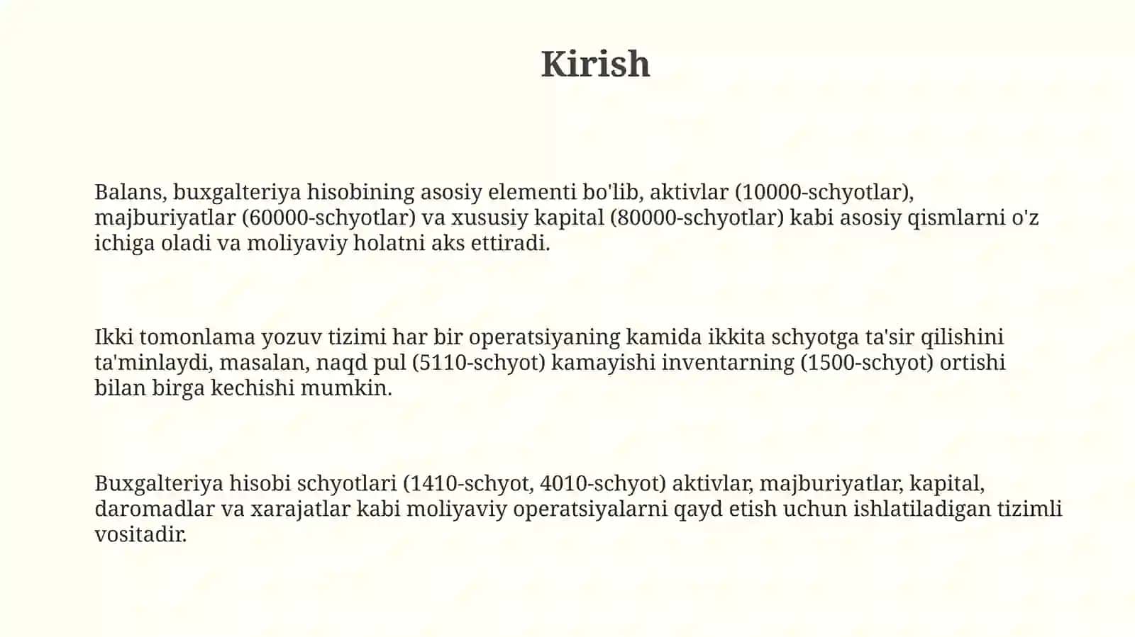 Buxgalteriya balansi va uning mazmuni. Buxgalteriya hisobning schyotlari va ikkiyoqlama yozuv 3