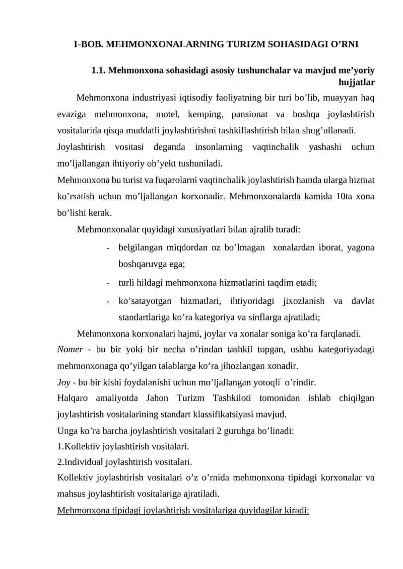 Mehmonxonalarning turizm sohasidagi o’rni va Mehmonxona xizmatlari raqobatbardoshligi 3