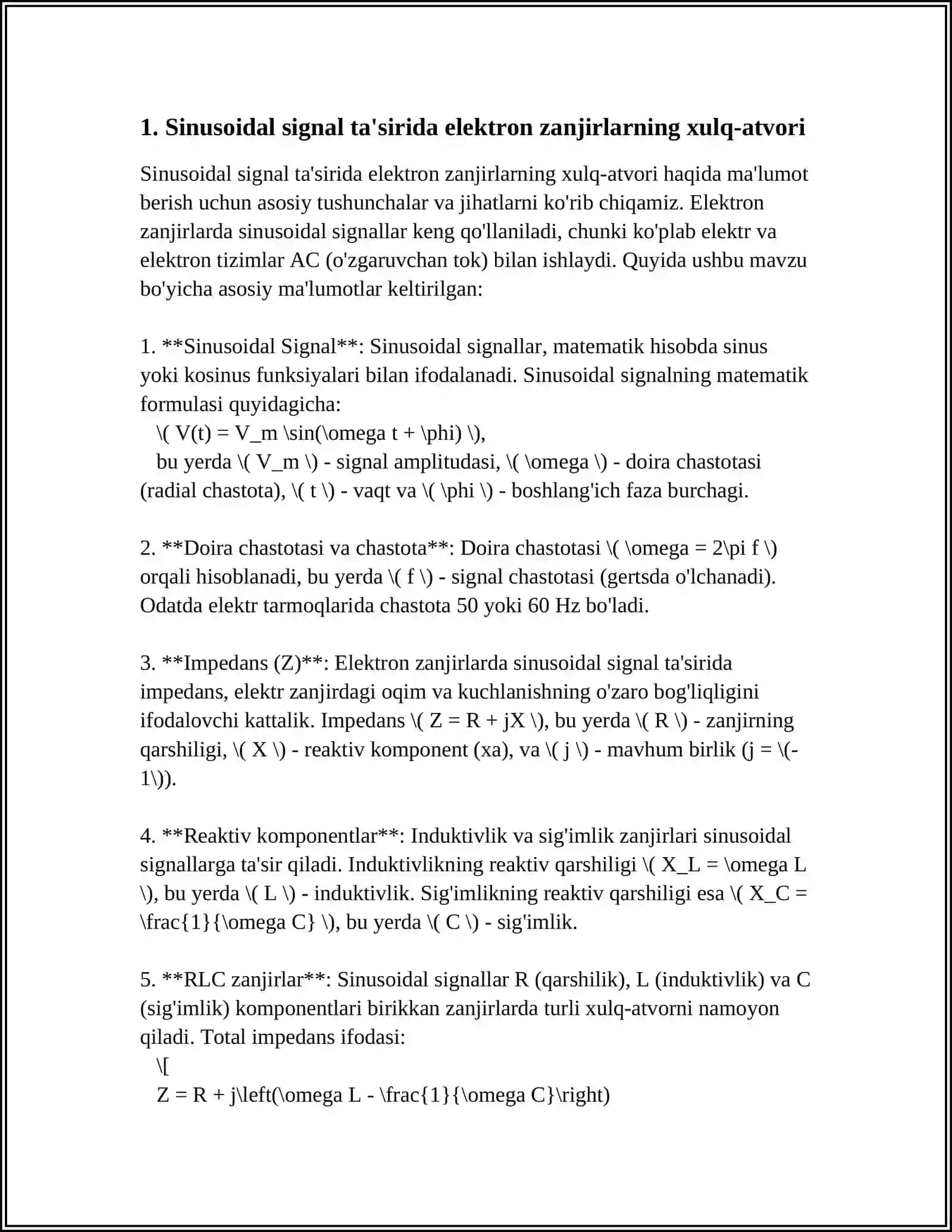 ELEKTR ZANJIRLARGA SINUSOIDAL SIGNAL TA'SIRDAGI XUSUSIYATLARINI HISOBLASH ELEKTR ZANJIRLARINING CHASTOTA XUSUSIYATLARI 3