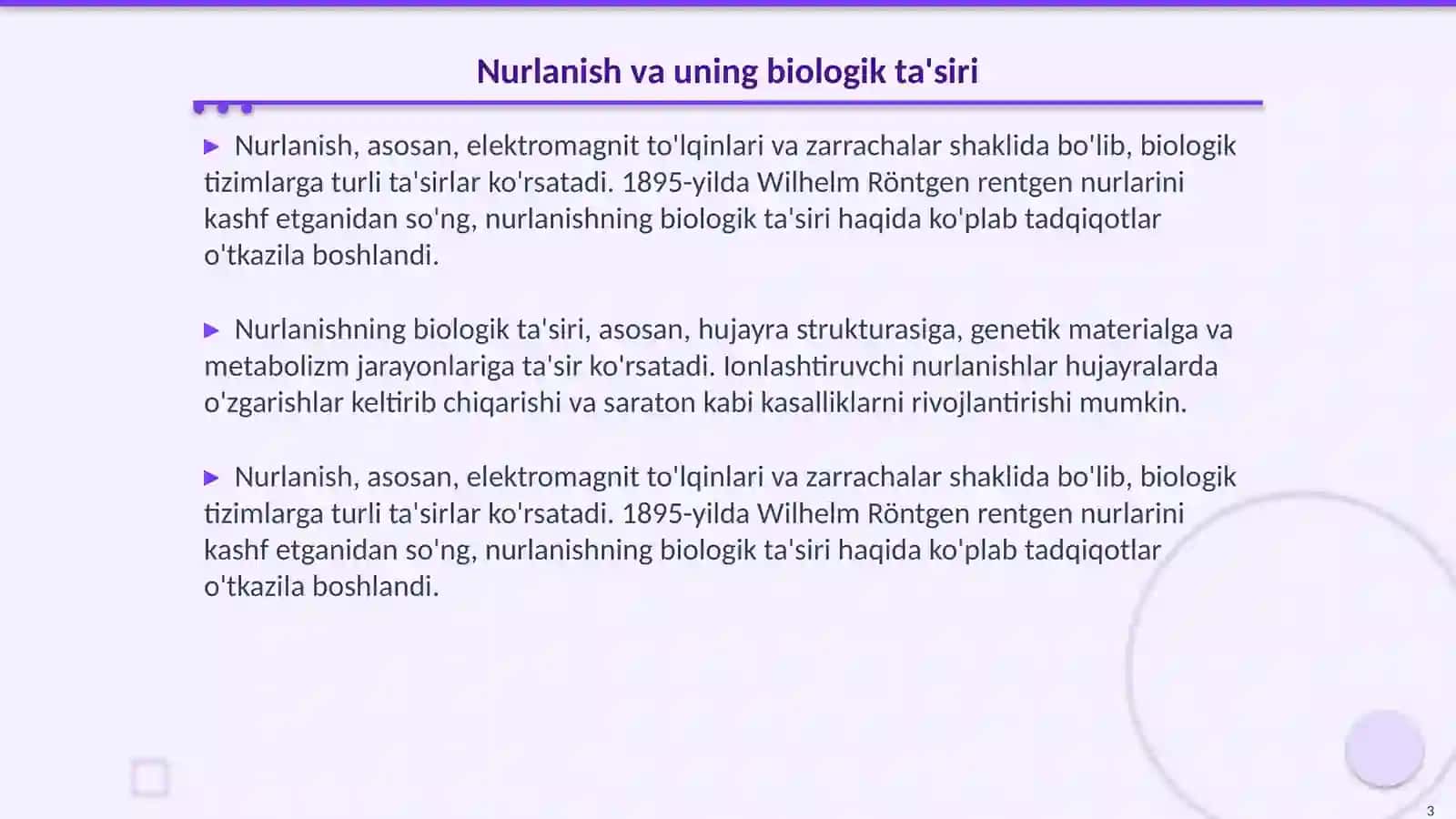 Nurlanishlarning biologik ta'siri va undan himoyalanish Atom yadrosi va elementar zarrachalar fizikasi 3