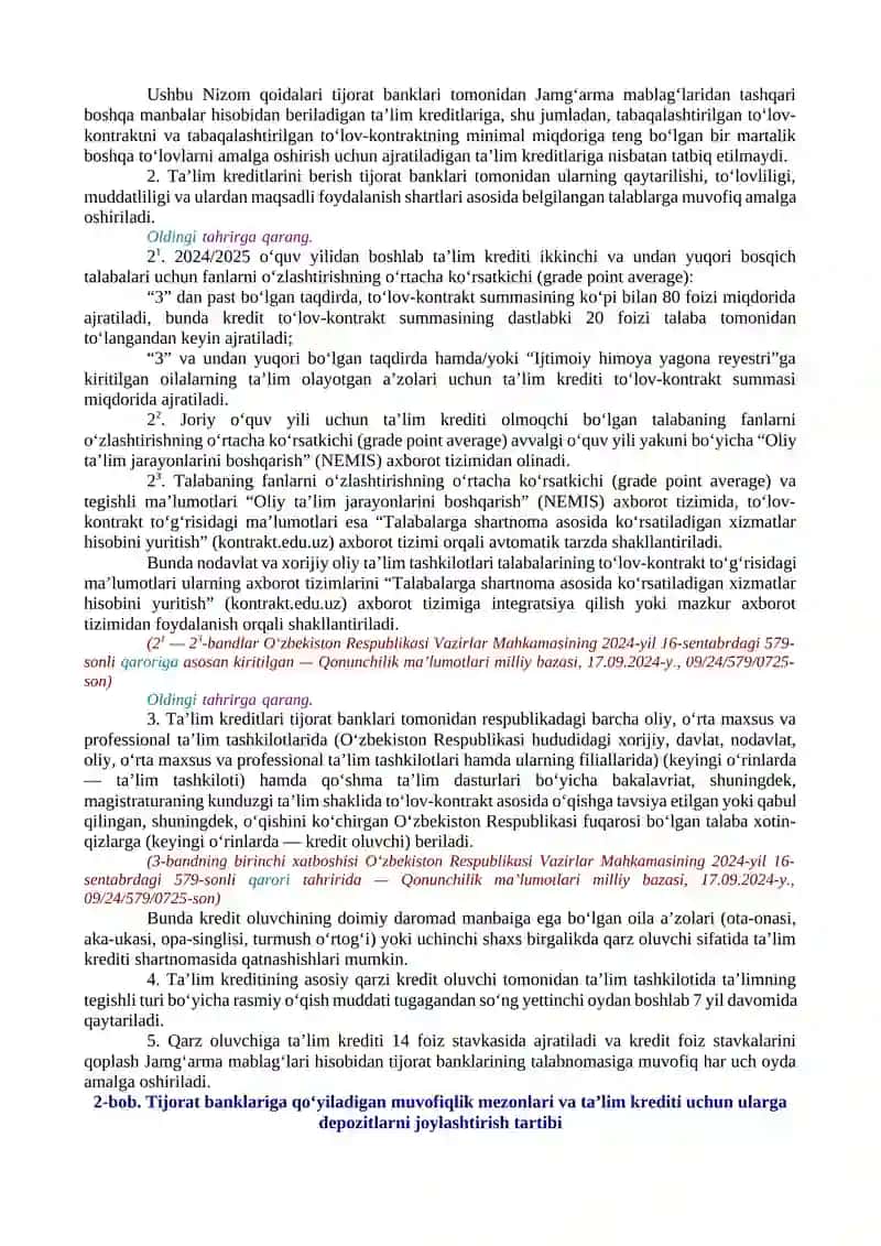 OLIY, O‘RTA MAXSUS VA PROFESSIONAL TA’LIM TASHKILOTLARIDA XOTIN-QIZLARNING TO‘LOV-KONTRAKT ASOSIDA TA’LIM OLISHI UCHUN TA’LIM KREDITLARI AJRATISHNI TARTIBGA SOLISH CHORA-TADBIRLARI TO‘G‘RISIDA 3