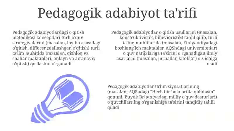 Pedagogik adabiyotlar orqali metodika oʻqitish metodikasi tushunchalarning mohiyatini ochib berish 3