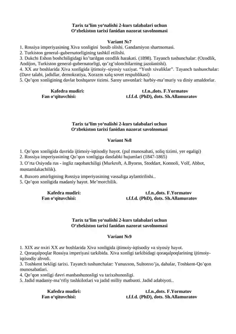 O‘zbekiston tarixi fanidan nazorat savolnomasi 3