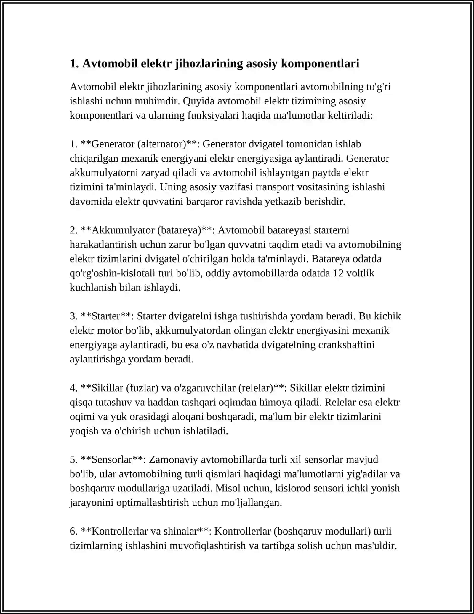 AVTOMOBIL ELEKTR JIHOZLARINING ALOHIDA FUNKSIONAL TIZIMLARI, ULARNING VAZIFALARI. AVTOMOBIL ELEKTR JIHOZLARINING UMUMIY SXEMASIDA ASBOBLARNING ULANISHINING O'ZIGA XOS TOMONLARI. DAVLAT STANDARTI TOMONIDAN AVTOMOBIL ELEKTR JIHOZLARIGA QO'YILADIGAN TALABLAR 3