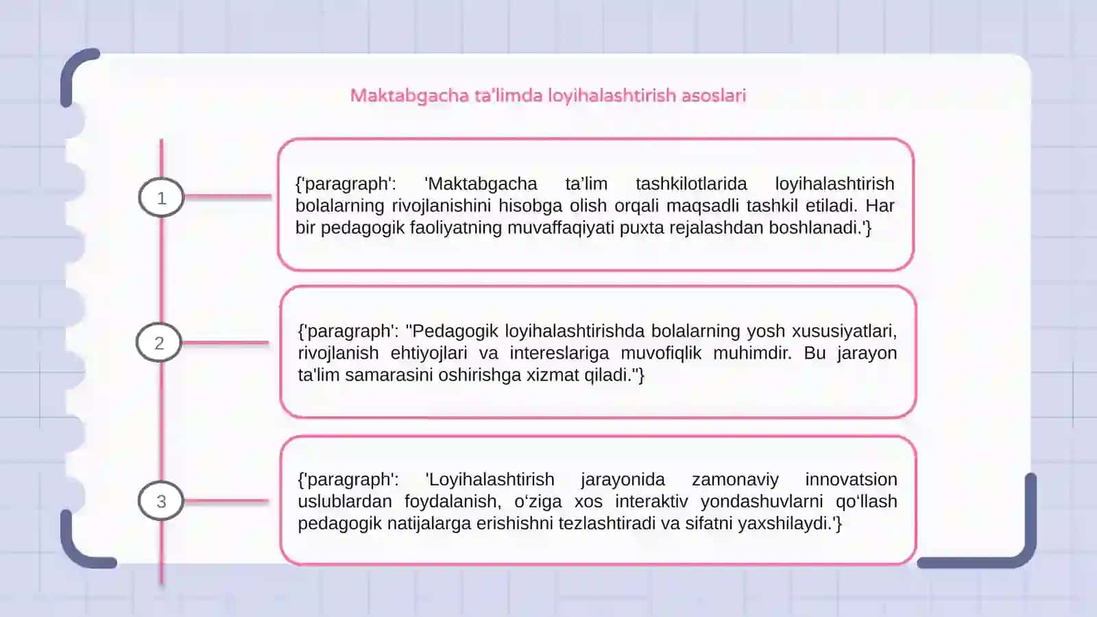 Maktabgacha ta’lim tashkilotlardagi Pedagogik faoliyatlarini loyihalashtirishning oʻziga xos xususiyatlari 3