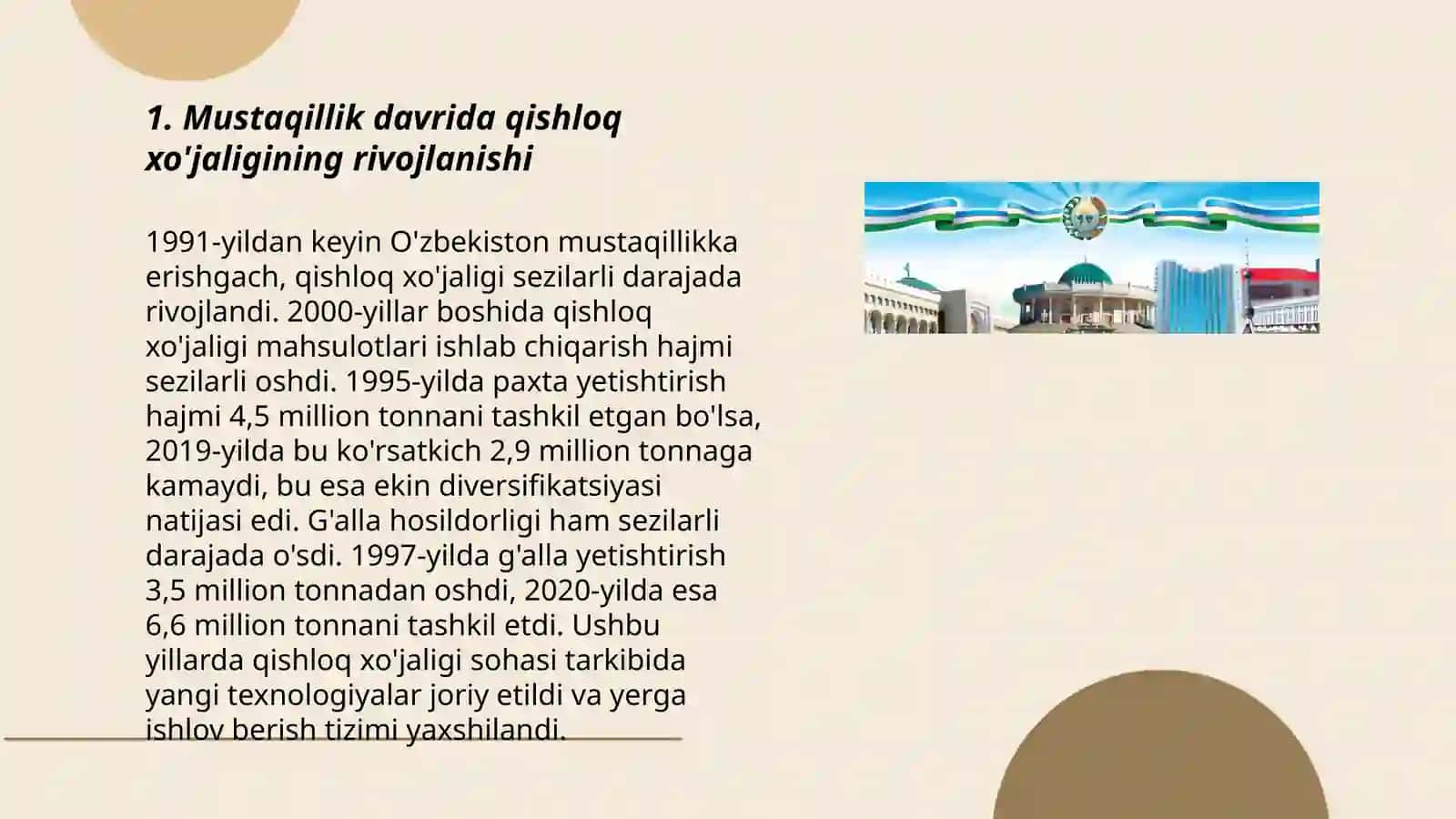 Mustaqillik yillarida yillarida qishloq xo'jaligi va sanoat sohasidagi o'zgarishlar 3