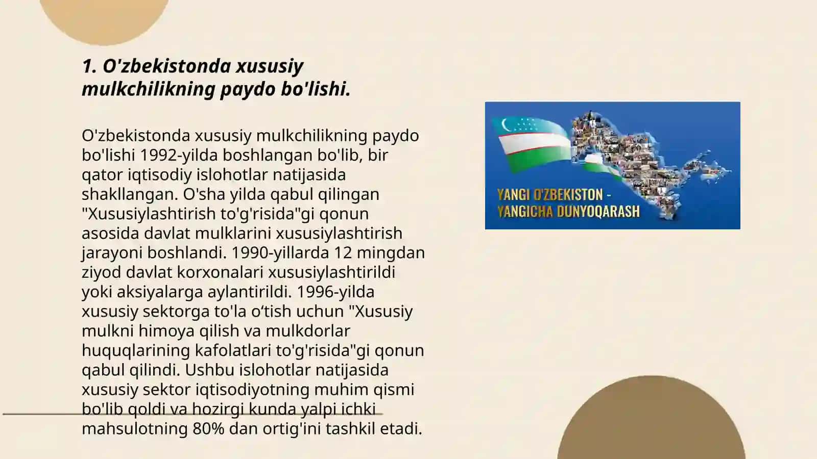 Iqtisodiy islohotlar xususiy mulkchilikning shakllanishi O'zbekistonda bozor munosabatlarining rivojlanishi O'zbekiston Respublikasida ijtimoiy sohadagi islohatlar 3