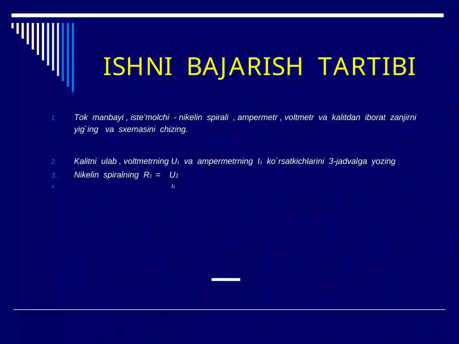 AMPERMETR VA VOLTMETR YORDAMIDA O`TKAZGICH QARSHILIGINI ANIQLASH 3