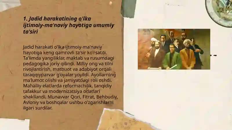 Jadid ma'rifatparvarlarining o'lka ijtimoiy-ma'naviy hayotida tutgan o'rni(Munavvar Qori, Fitrat, Behbudiy, Avloniy va boshqalar.) 3