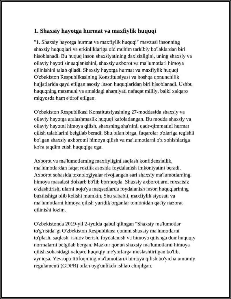 SHAXSIY HUQUQ VA ERKINLIKLAR. SIYOSIY HUQUQLAR. IQTISODIY, IJTIMOIY MADANIY VA EKOLOGIK HUQUQLAR 3