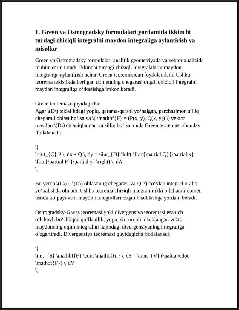 BIRINCHI VA IKKINCHI TURDAGI EGRI CHIZIQLI INTEGRALLAR ORASIDAGI BOG‘LANISH OSTROKRADSIKIY -GRIN FORMULASINING TADBIQLARI 3