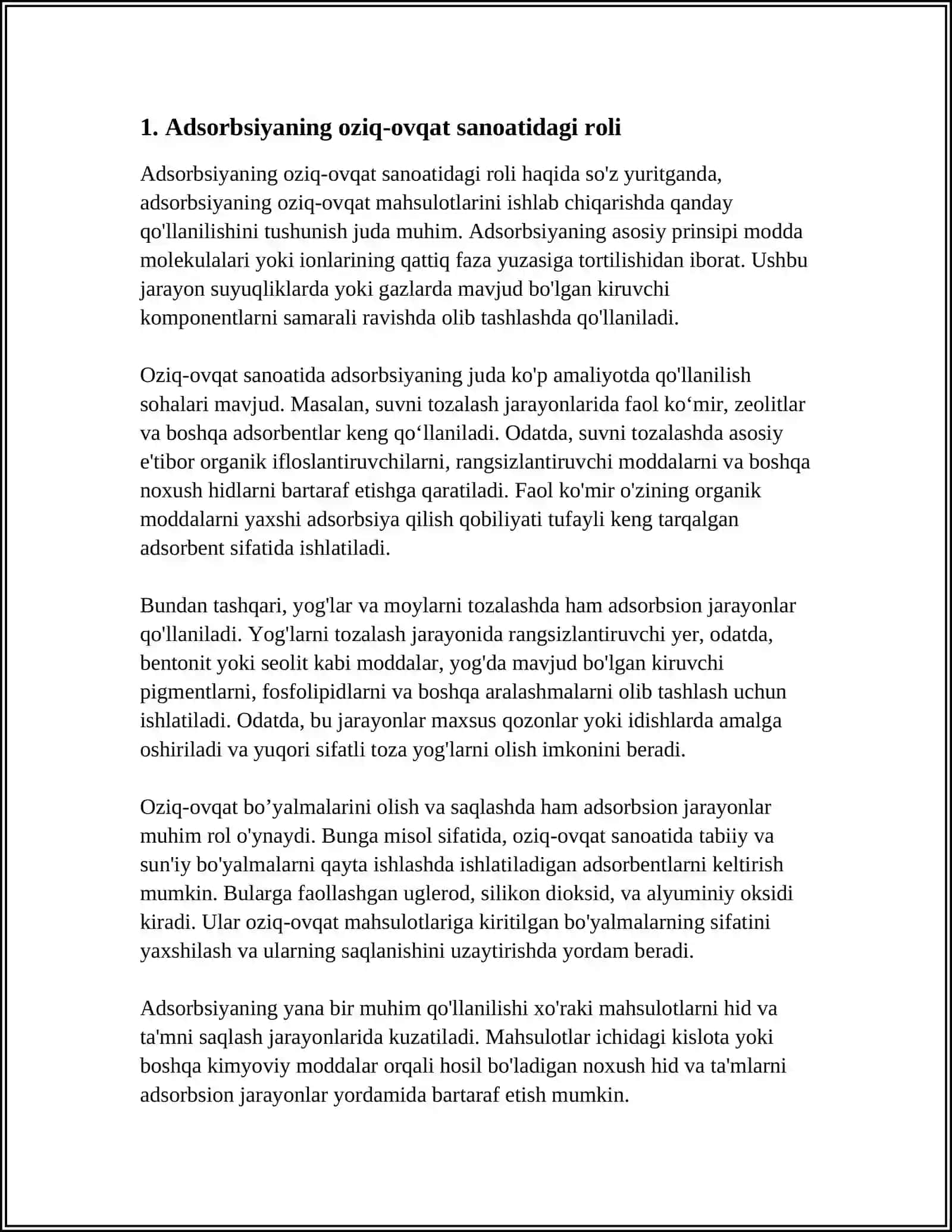 ADSORBSIYANI OZIQ OVQAT VA KIMYO SANOATIDAGI ÒRNI 3